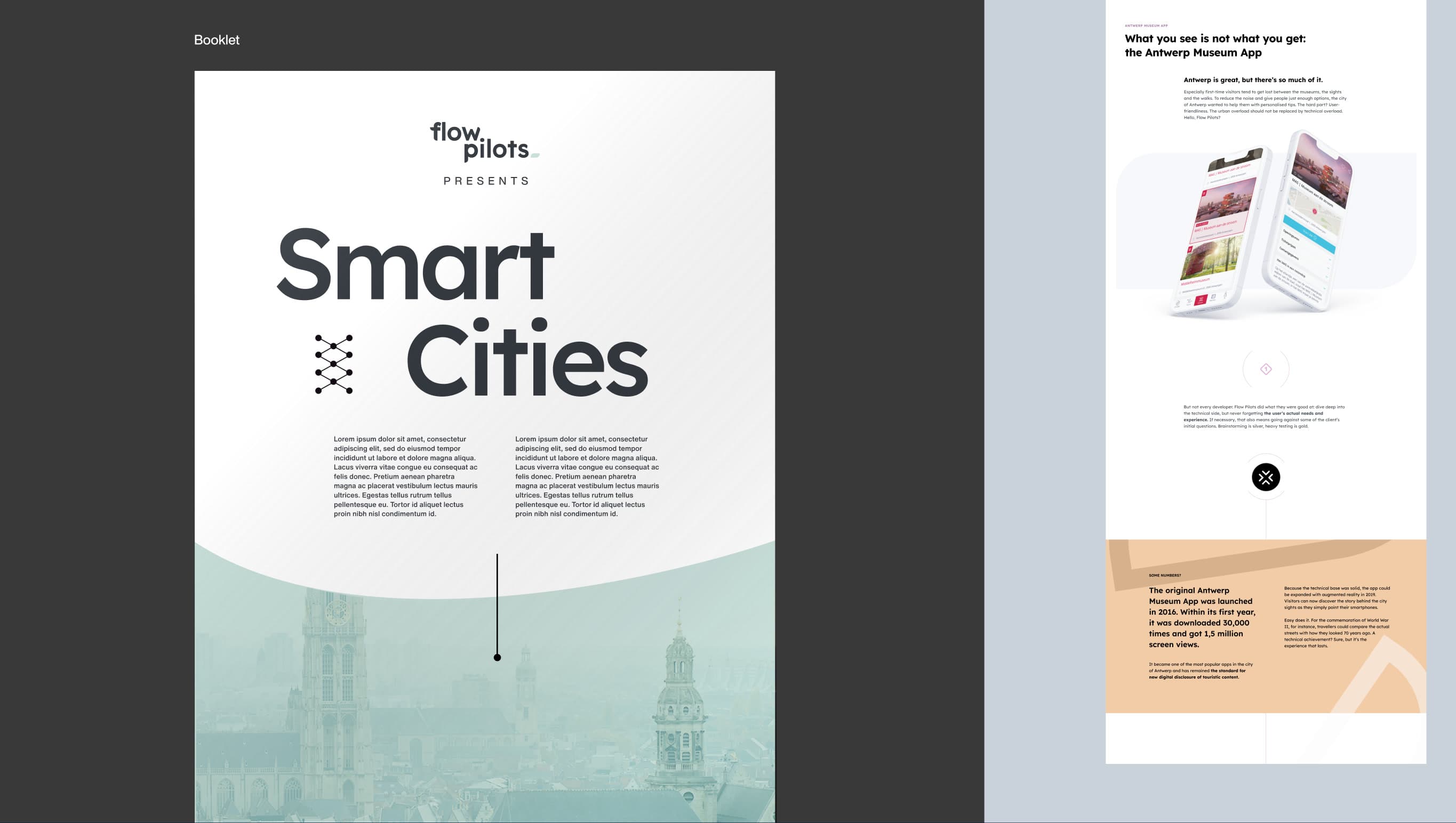 A “Smart Cities” booklet presented by flow pilots, beside a case study page on the Antwerp Museum App