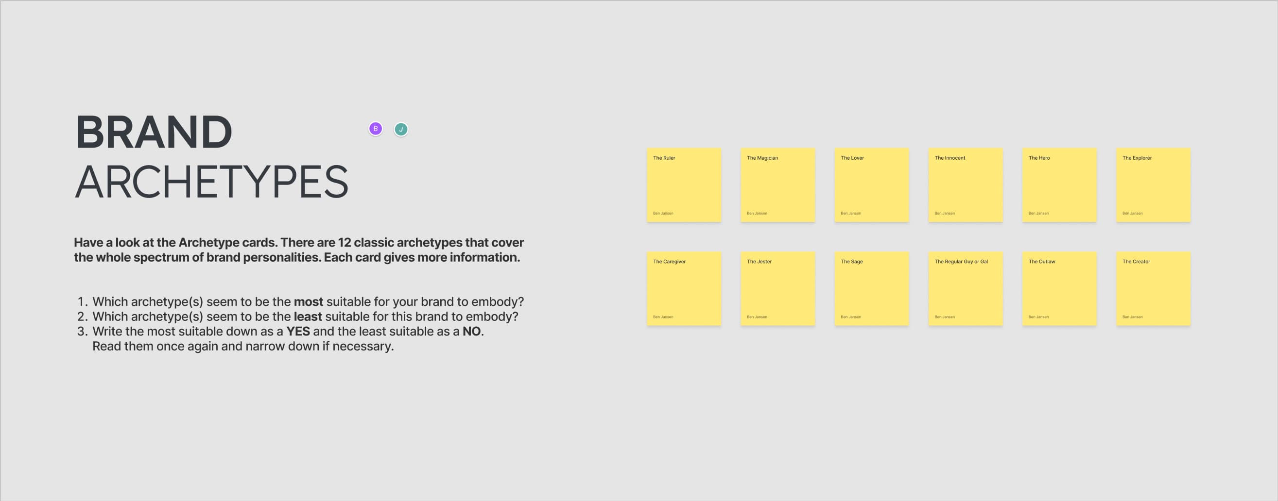 The brand archetypes exercise: instructions beside twelve sticky notes, from the Ruler and the Magician to the Sage and the Creator