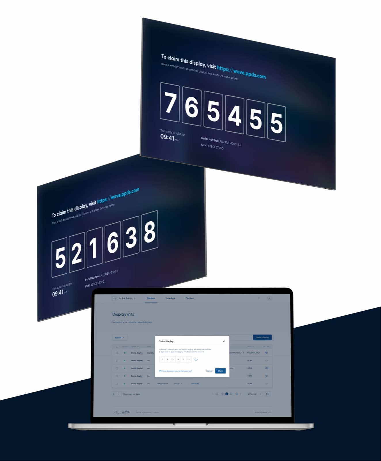 Claiming a display: two screens showing a six-digit code, and the WAVE portal on a laptop where it’s entered