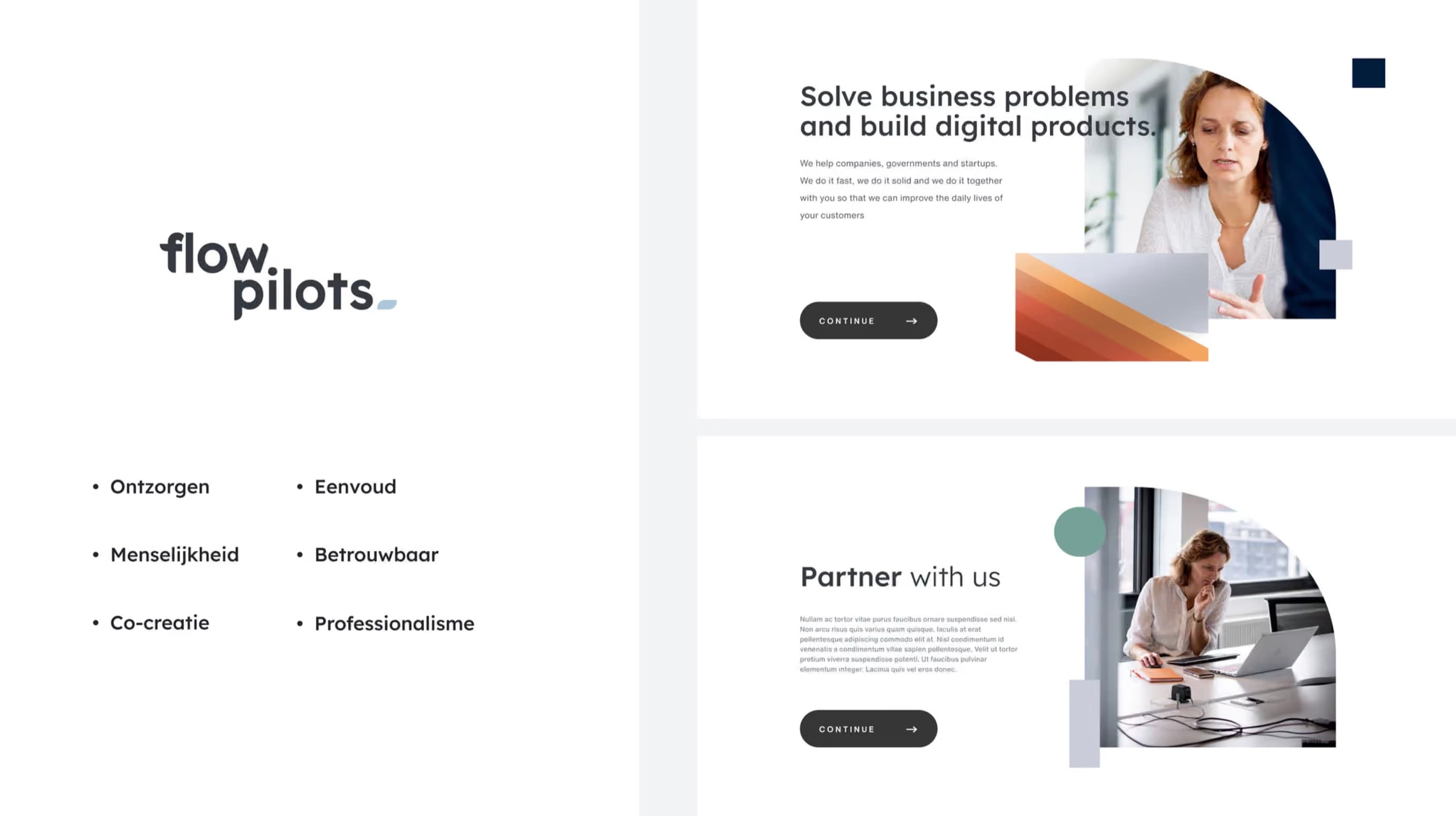 The flow pilots wordmark above its six values, in Dutch, beside two website sections: “Solve business problems and build digital products” and “Partner with us”