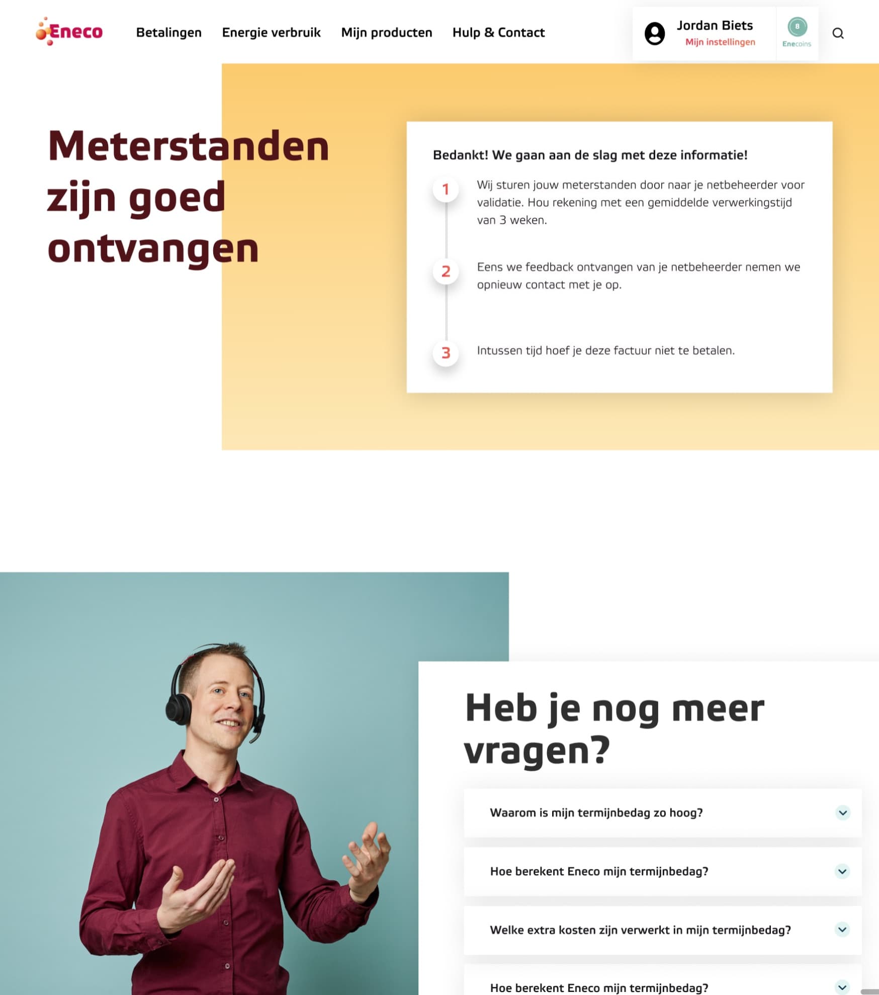 Mijn Eneco confirming that meter readings were received, with the three steps that follow, above frequently asked questions