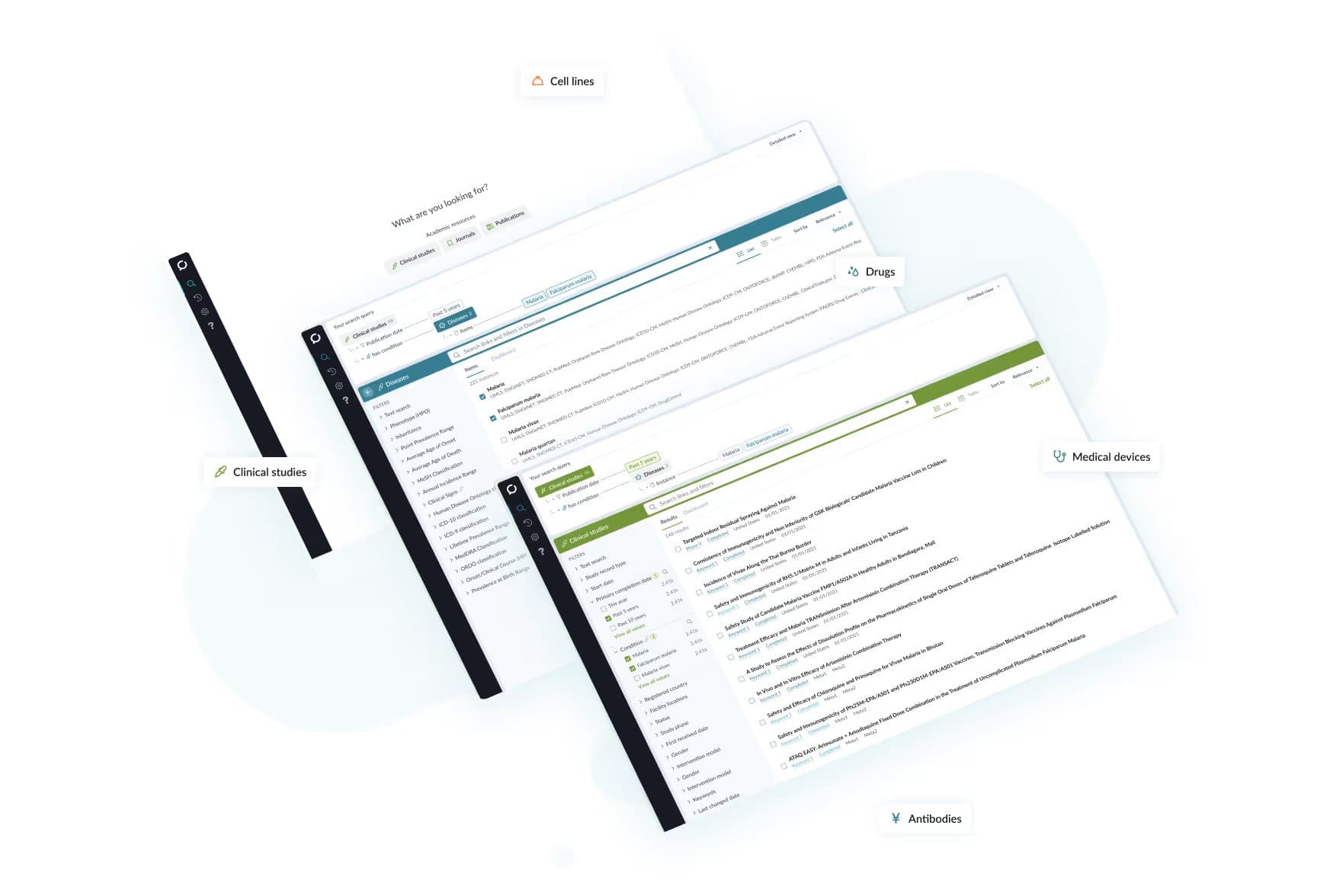 DISQOVER’s redesigned search: a search starting page, then results for diseases and clinical studies, each with its filters alongside, among labels for cell lines, drugs, medical devices and antibodies